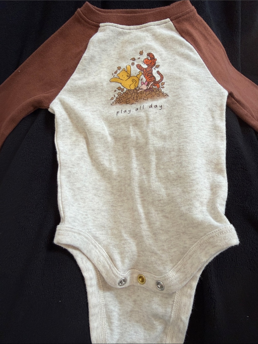 Disney Cream Bodysuit with Brown Raglan Sleeves and Pooh & Tigger Graphic